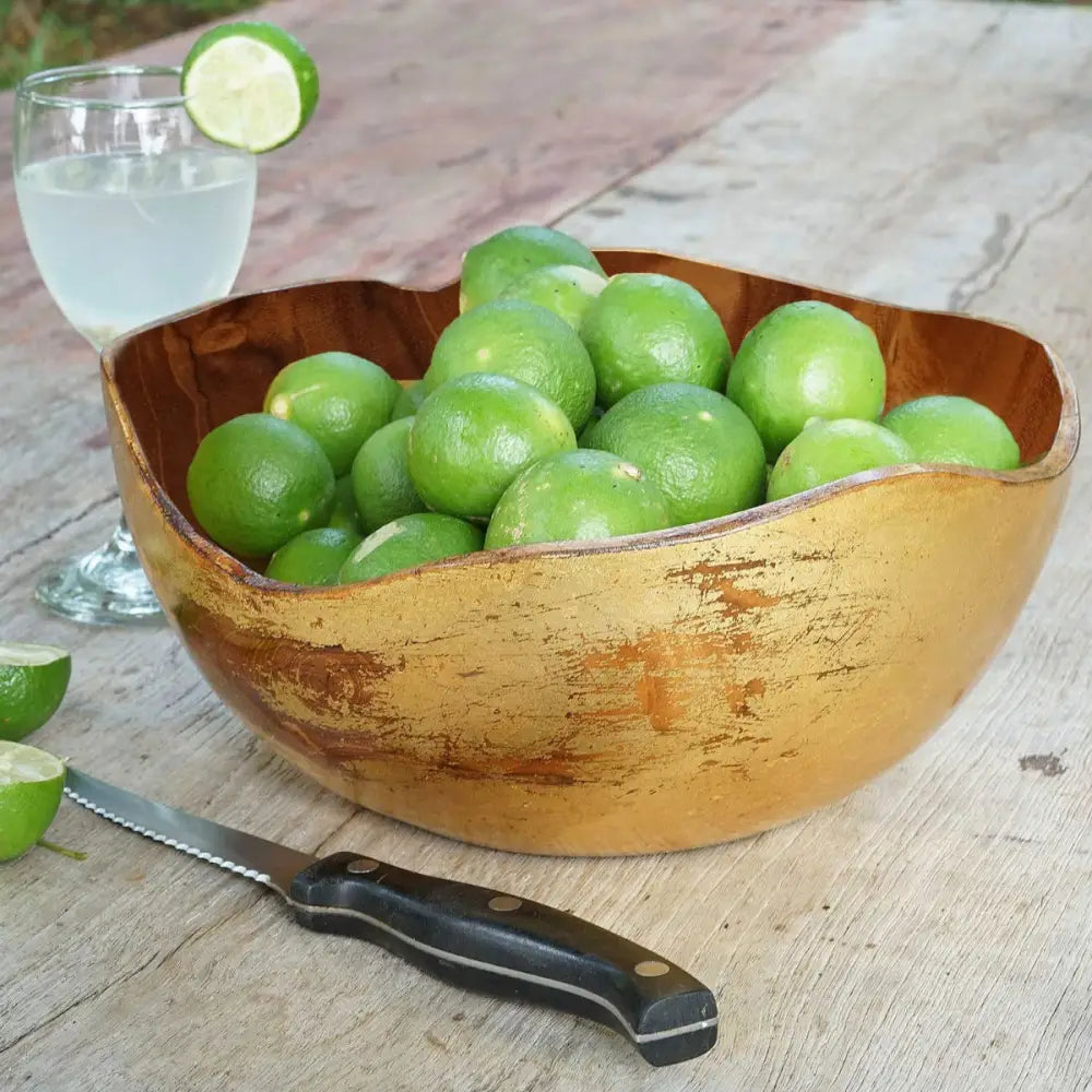 Rico & Plato Adagio Extra Large Teak Bowl with Distressed Gold Leaf Exterior - Bowls & Plates