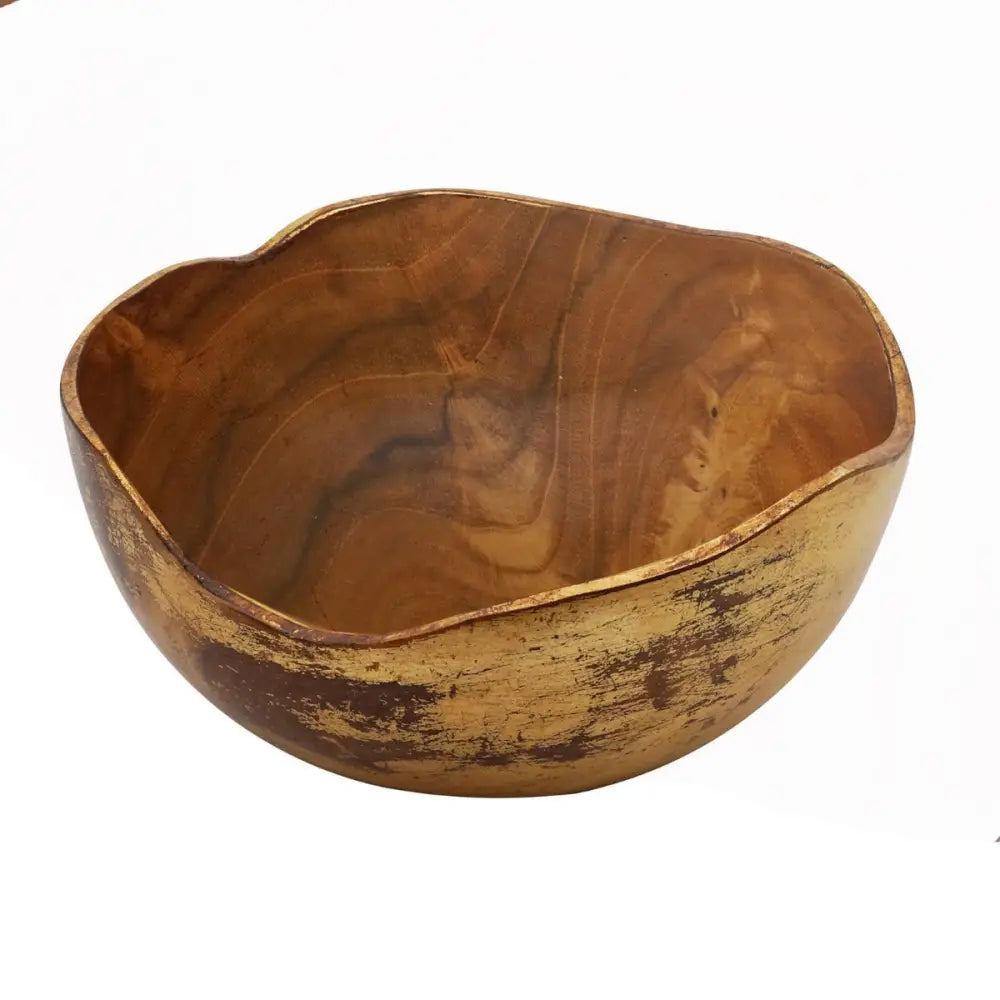 Rico & Plato Adagio Extra Large Teak Bowl with Distressed Gold Leaf Exterior - Bowls & Plates