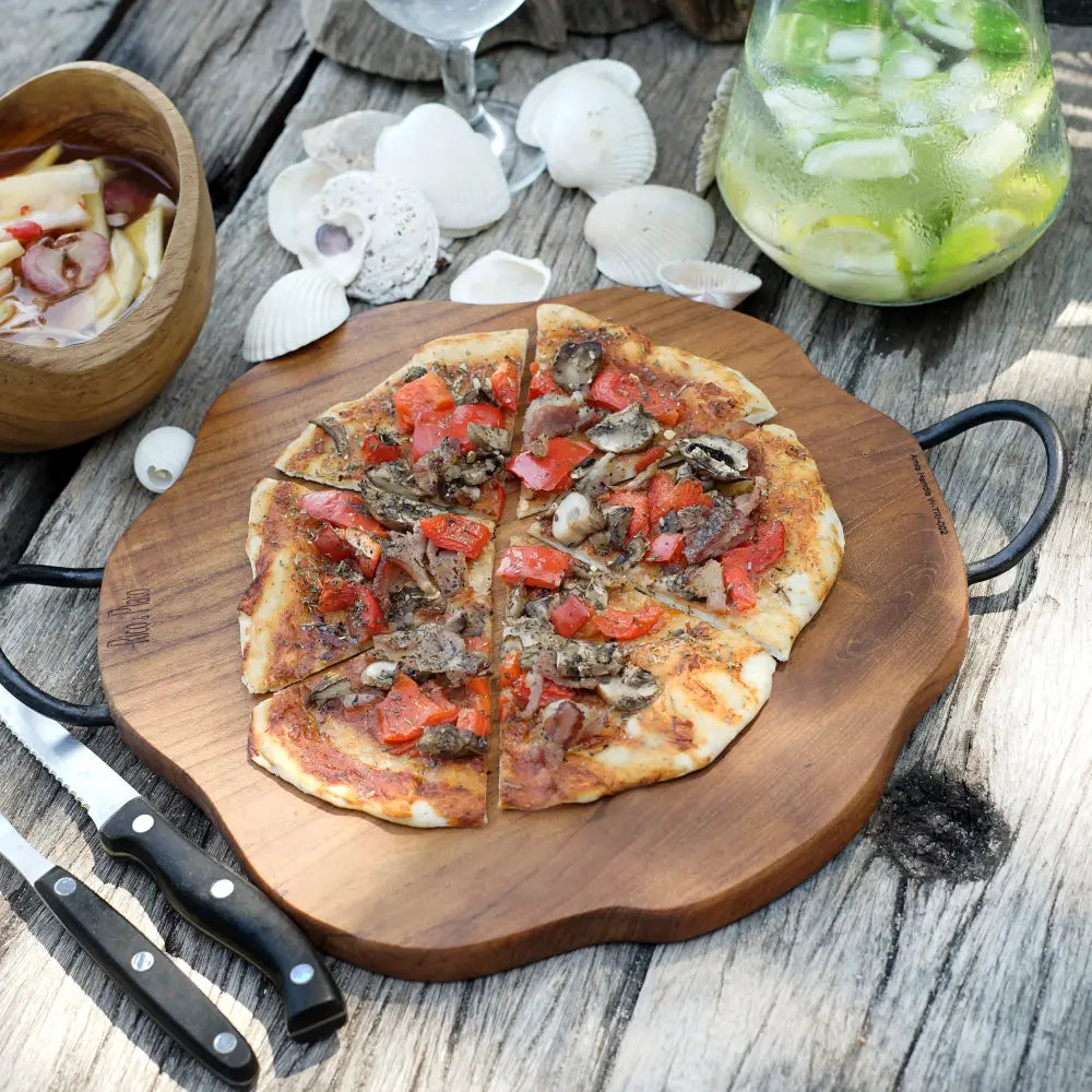 Rico & Plato Amla Pizza Board in Natural Teak with Handles - Cutting & Serving Boards