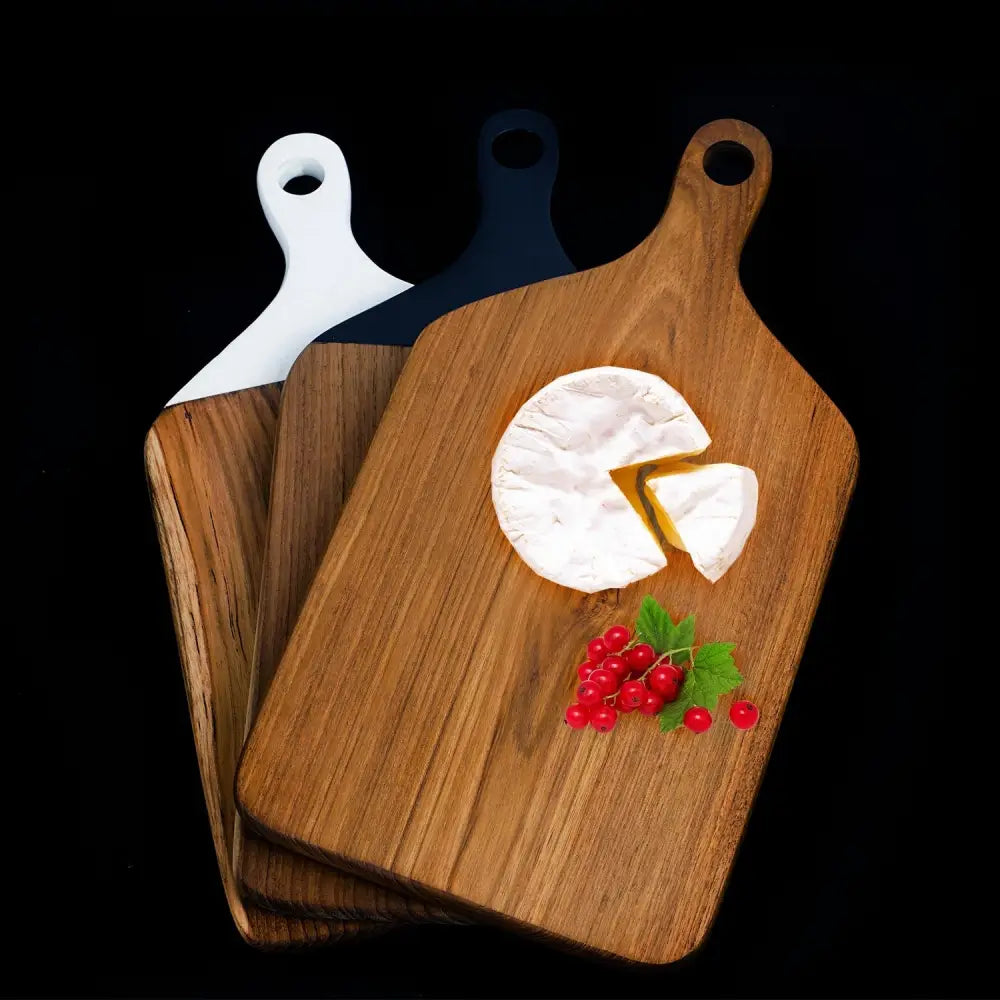 Rico & Plato Viola Teak Cutting Board/Serving Platter with Black Handle - Cutting & Serving Boards